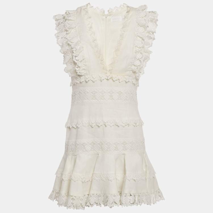 Pre Owned Zimmermann White Linen Wayfarer Flutter Dress M