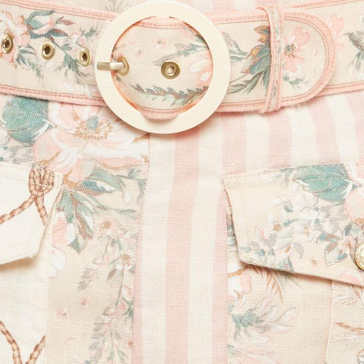 Pre Owned Zimmermann Pink Floral Print Linen Belted Shorts S
