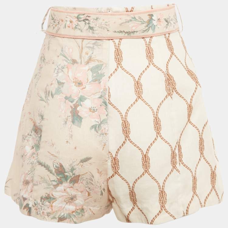 Pre Owned Zimmermann Pink Floral Print Linen Belted Shorts S