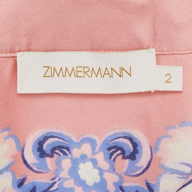Pre Owned Zimmermann Pink Printed Silk Postcard Belted Top M