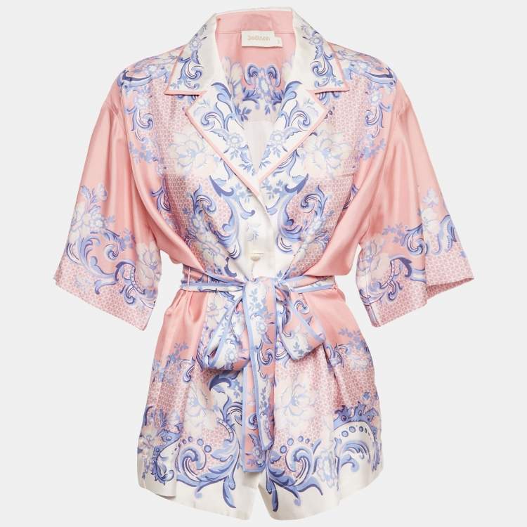 Pre Owned Zimmermann Pink Printed Silk Postcard Belted Top M