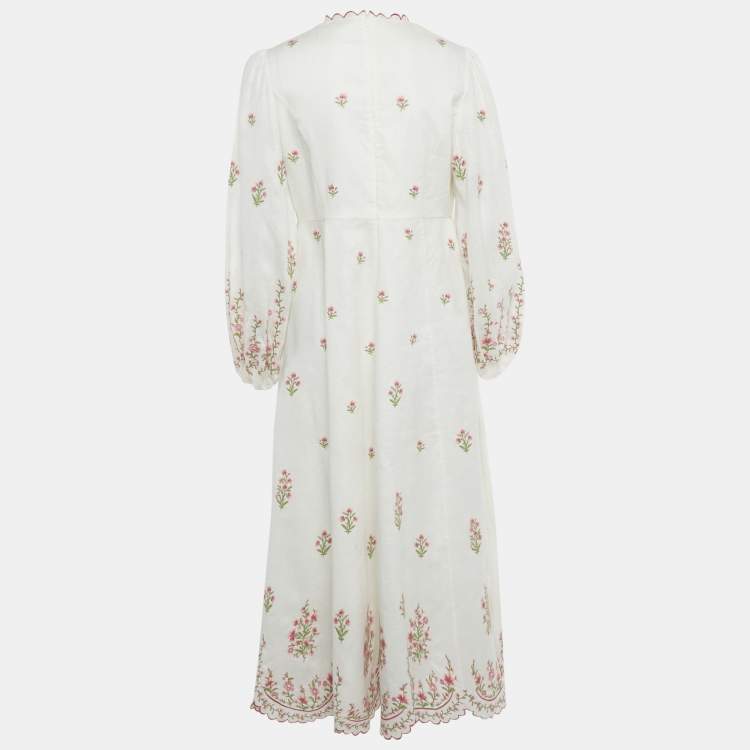 Pre Owned Zimmermann White Floral Embroidered Linen Midi Dress L