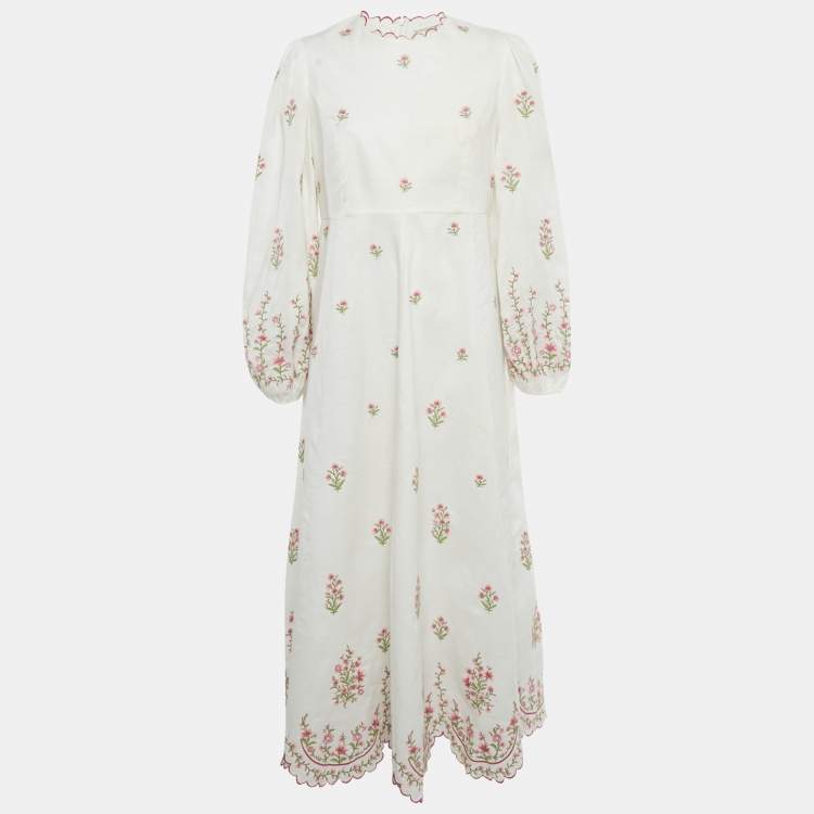 Pre Owned Zimmermann White Floral Embroidered Linen Midi Dress L