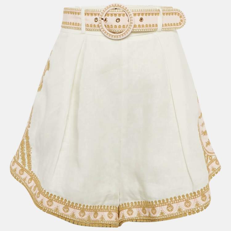 Pre Owned Zimmermann White Embroidered Linen Shorts L