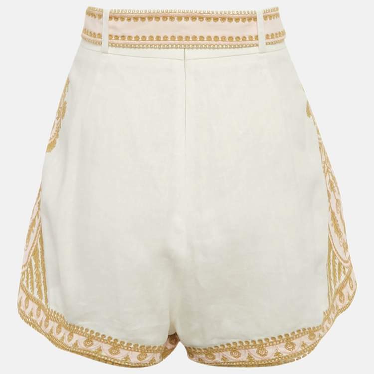Pre Owned Zimmermann White Embroidered Linen Shorts L