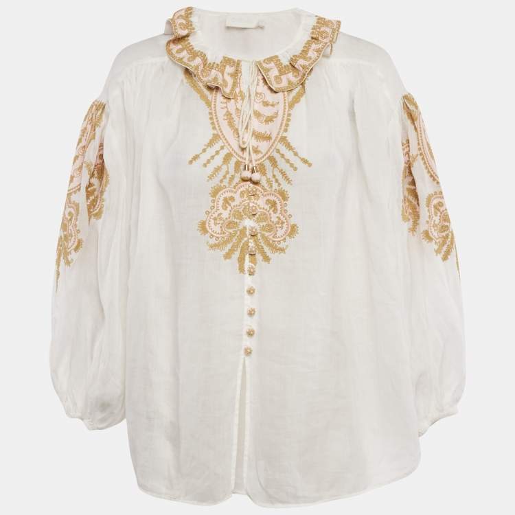 مملوكة مسبقًا Zimmermann White Embroidered Ramie Blouse M