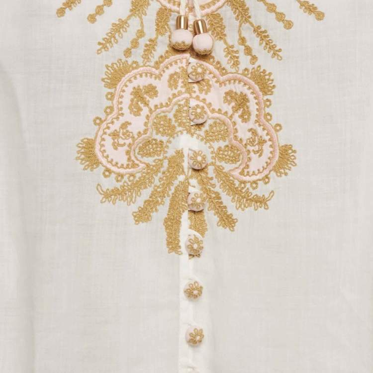 مملوكة مسبقًا Zimmermann White Embroidered Ramie Blouse M