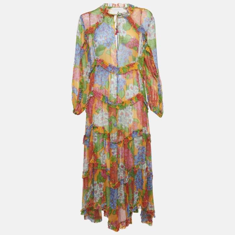 مملوكة مسبقًا Zimmermann Multicolor Floral Print Crinkle Silk Maxi Dress M