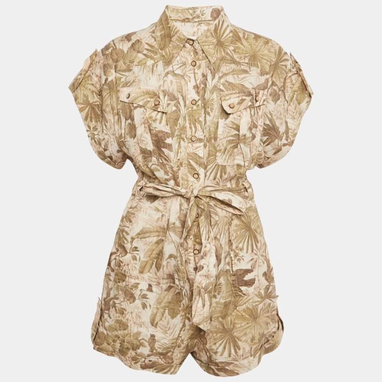 Pre Owned Zimmermann Green Tropical Print Linen Playsuit L