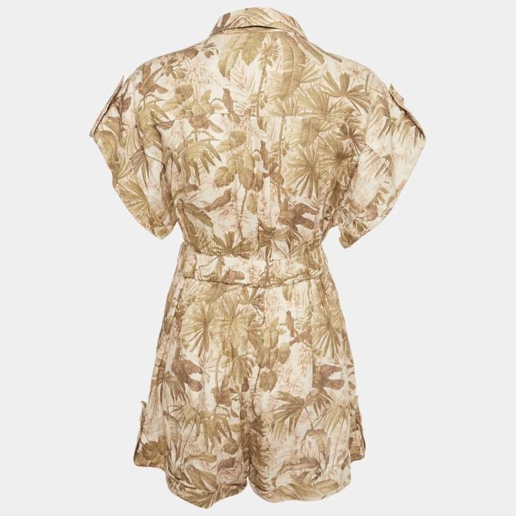 Pre Owned Zimmermann Green Tropical Print Linen Playsuit L