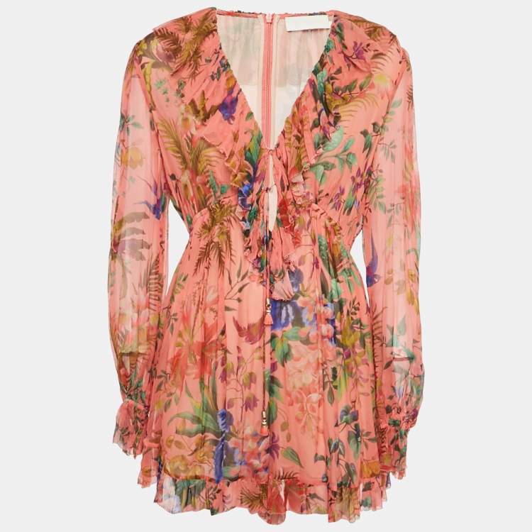 Pre Owned Zimmermann Pink Floral Print Silk Playsuit L
