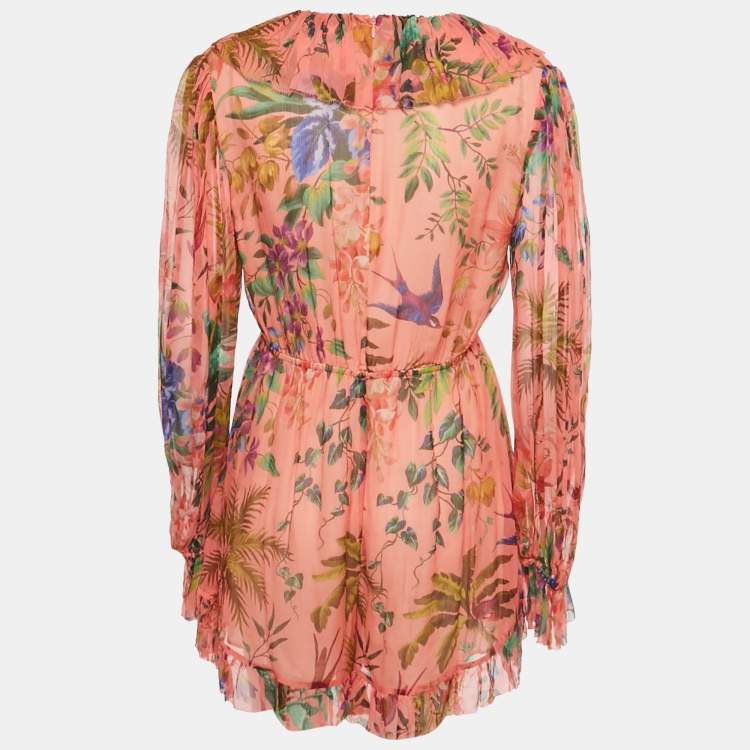 Pre Owned Zimmermann Pink Floral Print Silk Playsuit L