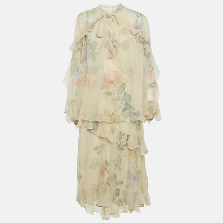 Pre Owned Zimmermann Yellow Floral Print Frill Detail Crepe Top & Skirt Set L
