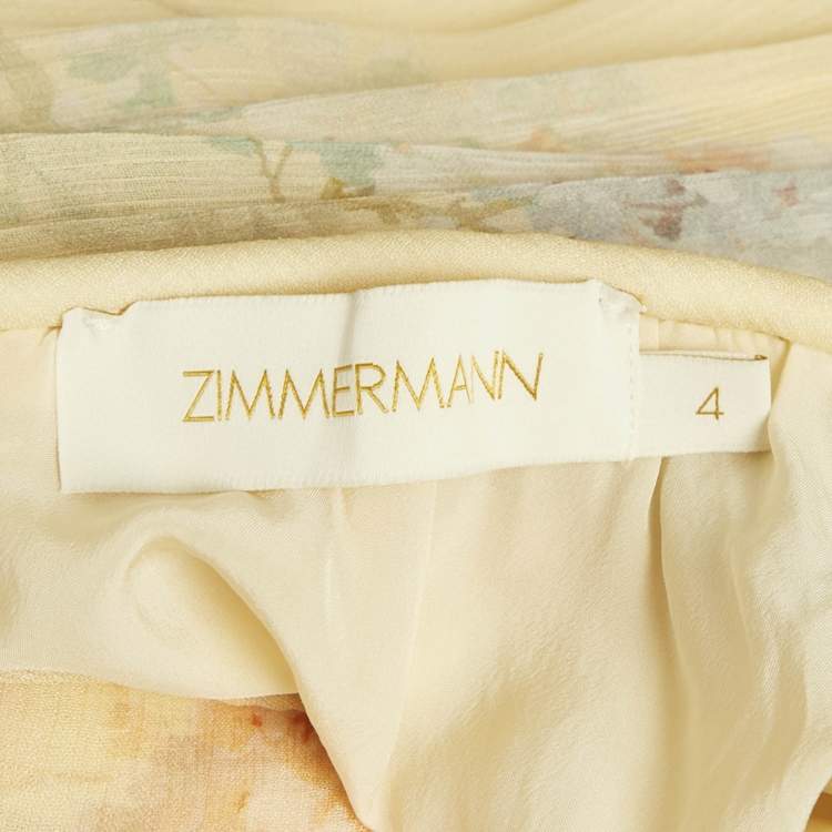 Pre Owned Zimmermann Yellow Floral Print Frill Detail Crepe Top & Skirt Set L