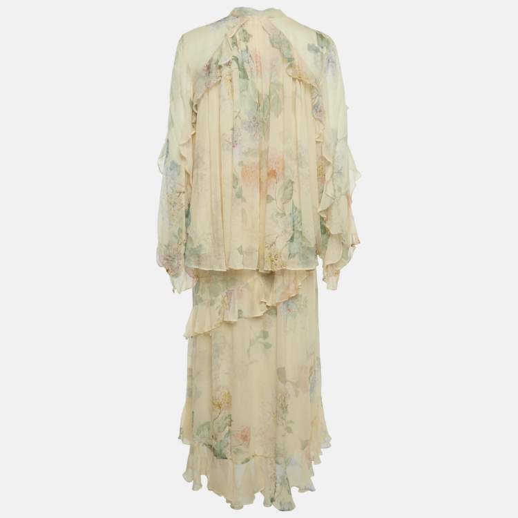 Pre Owned Zimmermann Yellow Floral Print Frill Detail Crepe Top & Skirt Set L