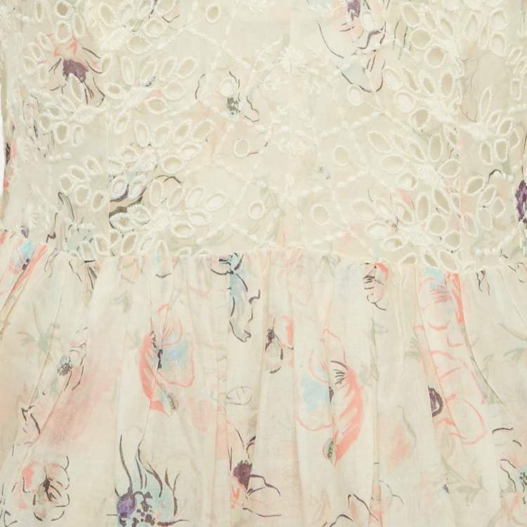 Pre Owned Zimmermann White Floral Print Broderie Anglaise Tiered Halliday Gown L