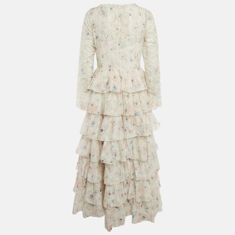 Pre Owned Zimmermann White Floral Print Broderie Anglaise Tiered Halliday Gown L