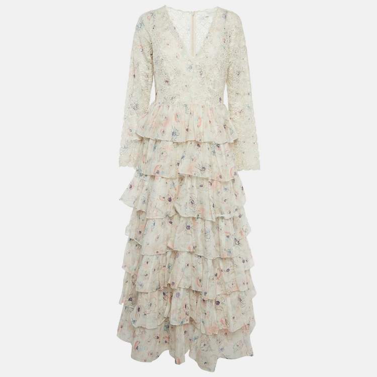 Pre Owned Zimmermann White Floral Print Broderie Anglaise Tiered Halliday Gown L