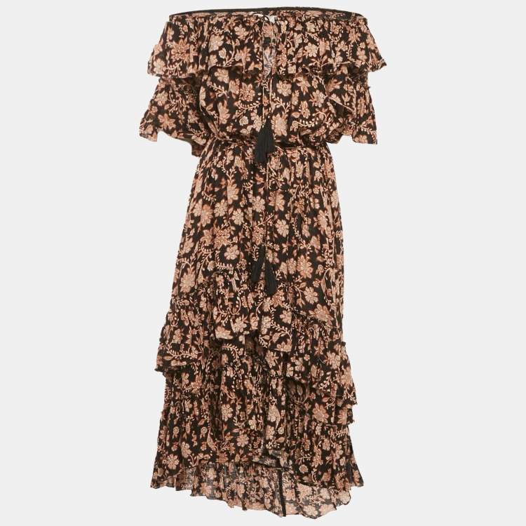 Pre Owned Zimmermann Black Floral Print Linen Tiered Off- Shoulder Dress M