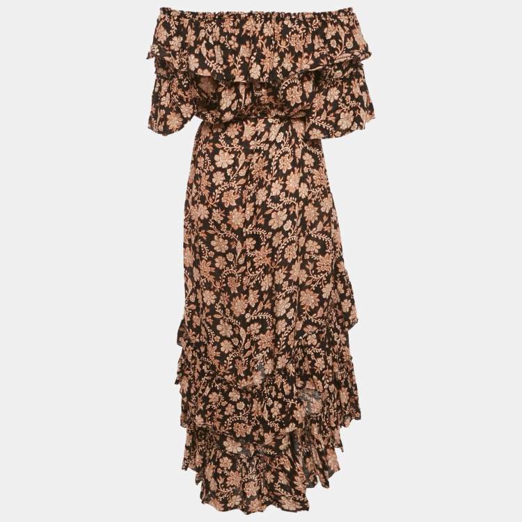 Pre Owned Zimmermann Black Floral Print Linen Tiered Off- Shoulder Dress M