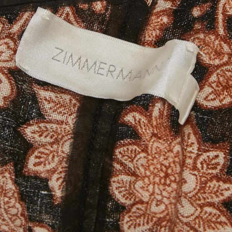 Pre Owned Zimmermann Black Floral Print Linen Tiered Off- Shoulder Dress M