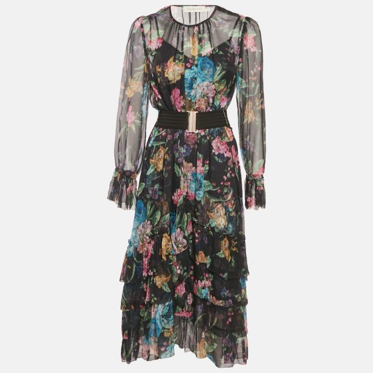 مملوكة مسبقًا Zimmermann Black Floral Print Chiffon Asymmetric Midi Dress M
