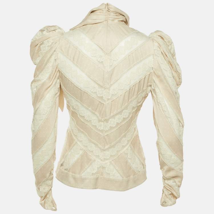 Pre Owned Zimmermann Beige Printed Satin Lace Panel Detail Blouse M