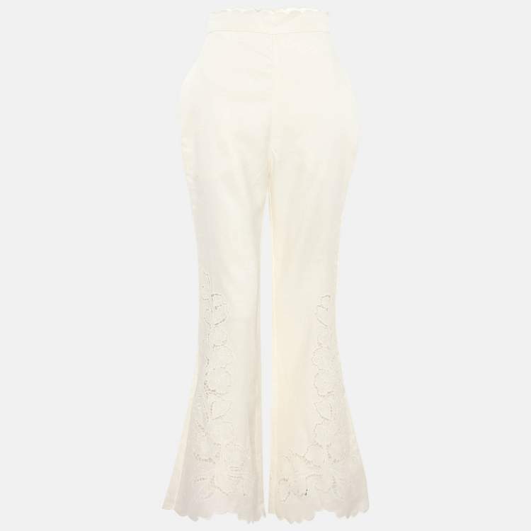 Pre Owned Zimmermann White Linen Floral Lace Trousers XS