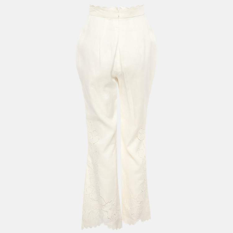 Pre Owned Zimmermann White Linen Floral Lace Trousers XS