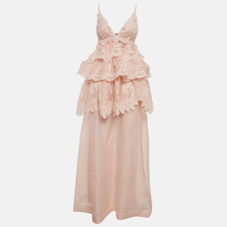 Pre Owned Zimmermann Light Orange Linen Blend Tiered Lace Maxi Dress M