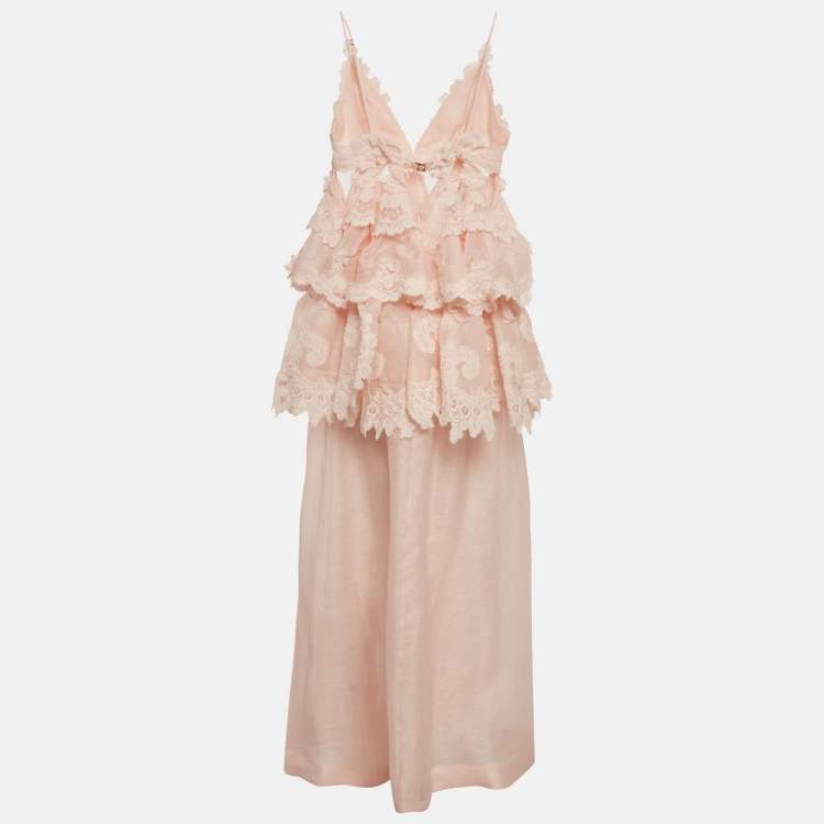 Pre Owned Zimmermann Light Orange Linen Blend Tiered Lace Maxi Dress M