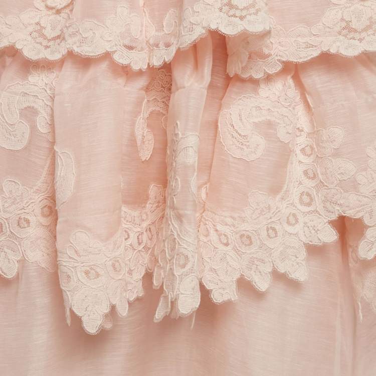 Pre Owned Zimmermann Light Orange Linen Blend Tiered Lace Maxi Dress M