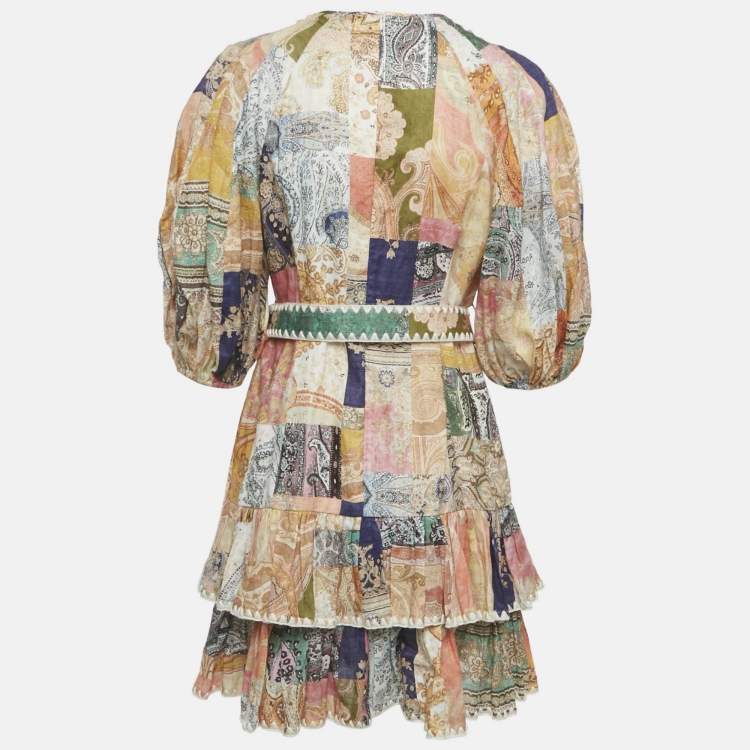 Pre Owned Zimmermann Multicolour Floral Print Linen Ruffle Hem Mini Dress L
