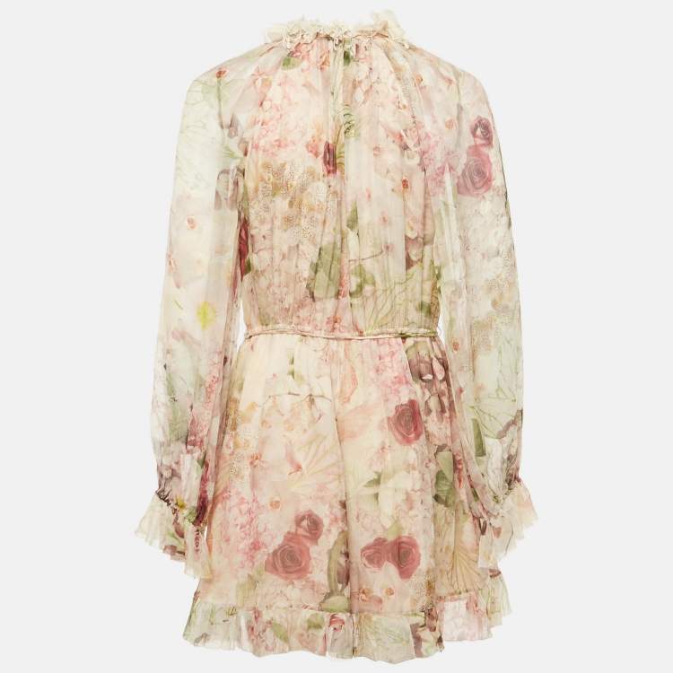 Pre Owned Zimmermann Pink Floral Print Silk Dancer Flutter Playsuit L