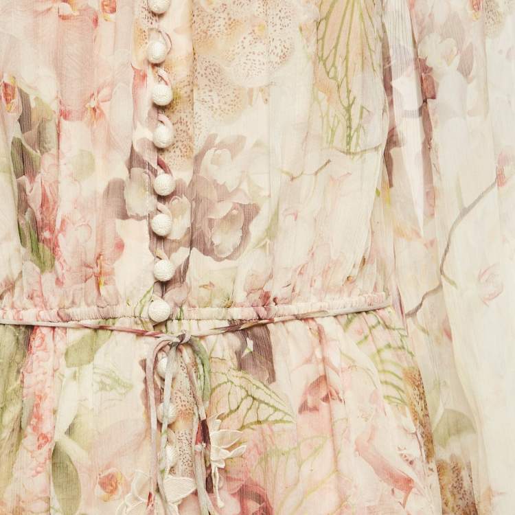 Pre Owned Zimmermann Pink Floral Print Silk Dancer Flutter Playsuit L