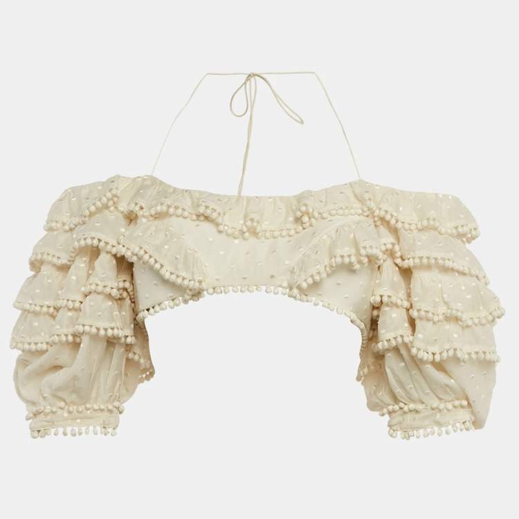Pre Owned Zimmermann Off White Cotton Blend Ruffled Off Shoulder Crop Top M