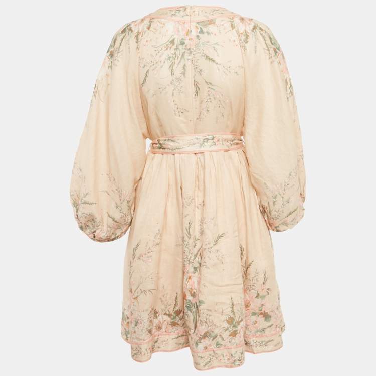 Pre Owned Zimmermann Pink Floral Print Linen Mini Dress L