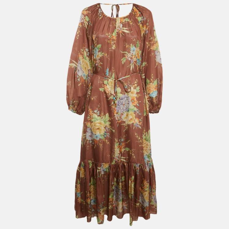 Pre Owned Zimmermann Brown Floral Print Silk Belted Zinnia Dress M