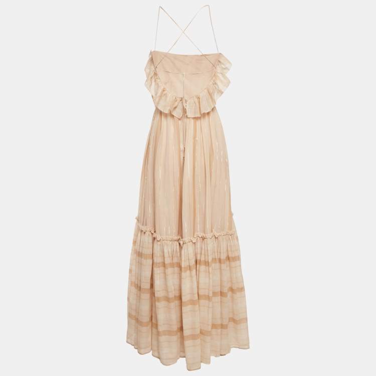 Pre Owned Zimmermann Beige Metallic Striped Cotton Tiered Maxi Dress M
