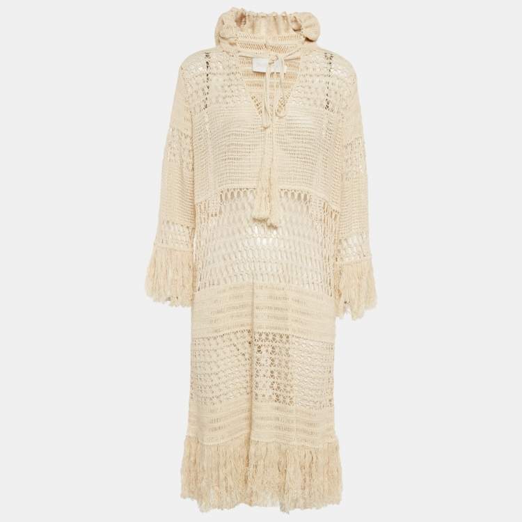 Pre Owned Zimmermann Beige Crochet Sheer Hooded Midi Dress M/L
