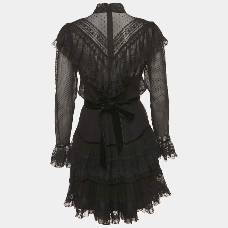 Pre Owned Zimmermann Black Silk & Lace Trim Ruffled Mini Dress M