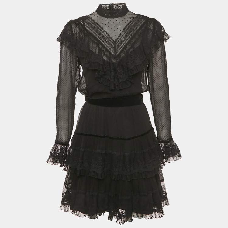 Pre Owned Zimmermann Black Silk & Lace Trim Ruffled Mini Dress M