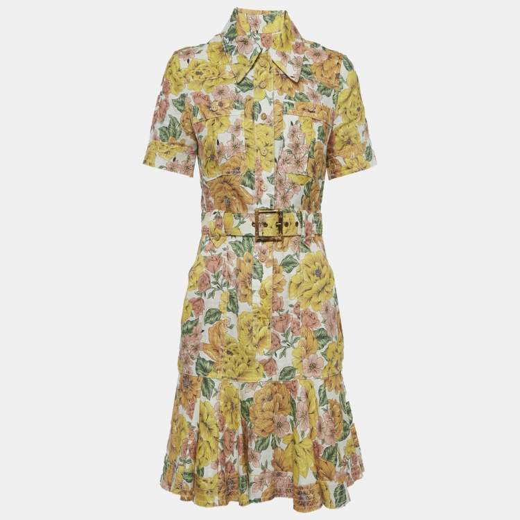 Pre Owned Zimmermann Yellow Floral Print Poppy Belted Mini Dress S