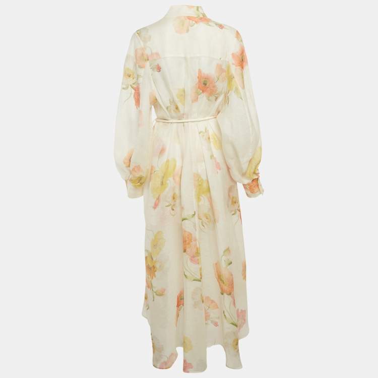 Pre Owned Zimmermann Cream Floral Print Tranquility Linen Shacket Maxi Dress M 