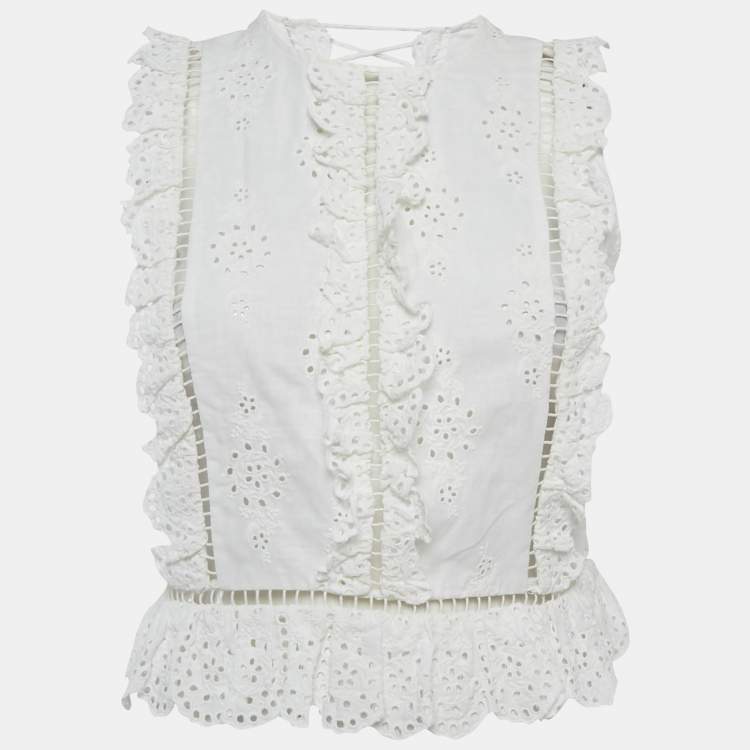 Pre Owned Zimmermann White Linen Blend Eyelet Crop Top M