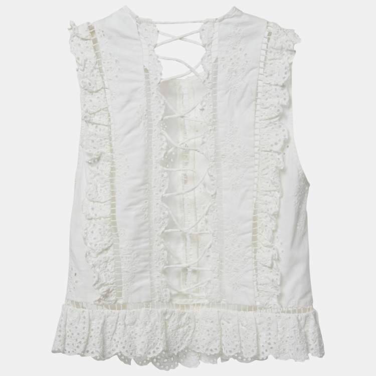 Pre Owned Zimmermann White Linen Blend Eyelet Crop Top M