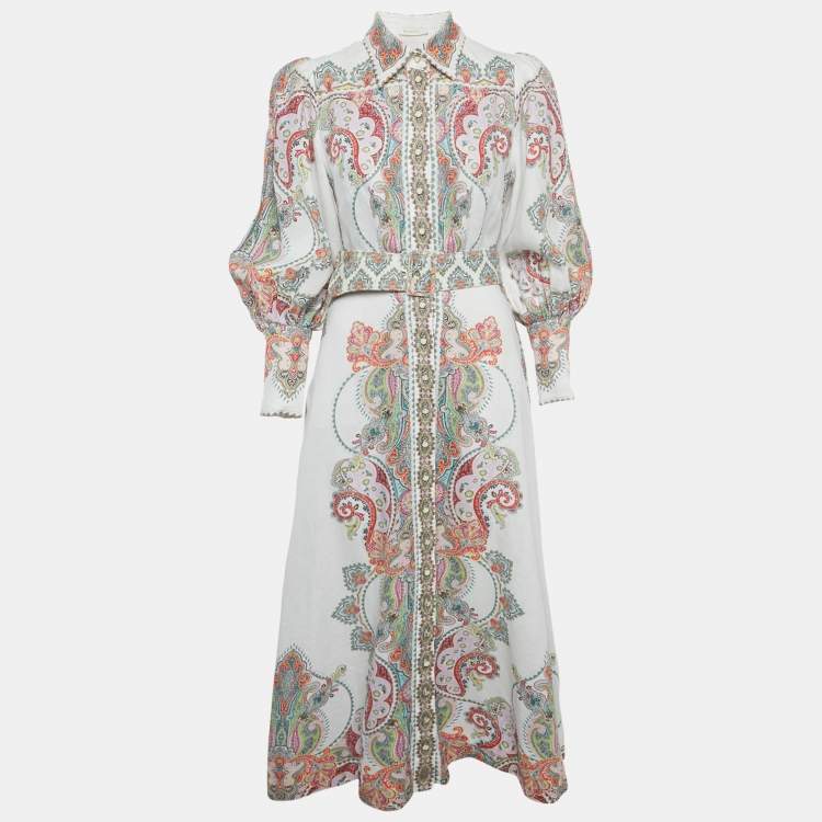 Pre Owned Zimmermann White Paisley Print Linen Ninety-Six Filigree Dress M