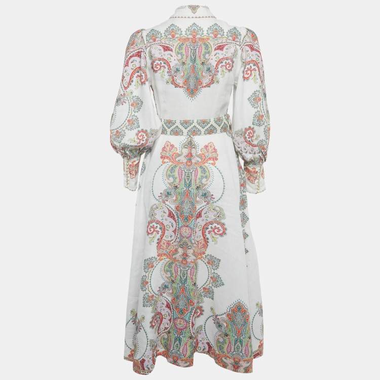 Pre Owned Zimmermann White Paisley Print Linen Ninety-Six Filigree Dress M