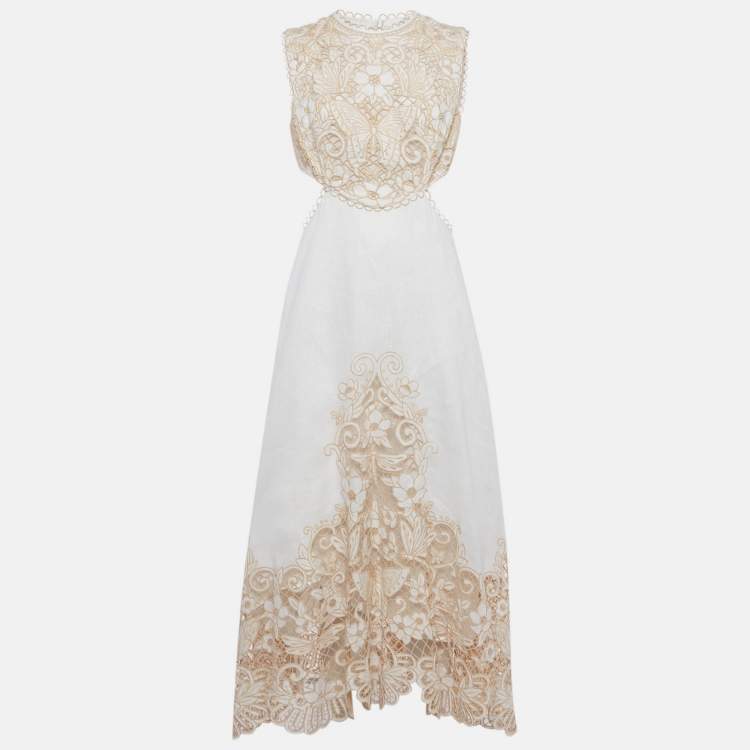 Pre Owned Zimmermann White Floral Embroidered Linen Cut Out Maxi Dress L