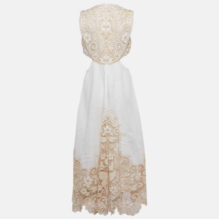 Pre Owned Zimmermann White Floral Embroidered Linen Cut Out Maxi Dress L
